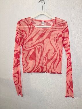 Sheer Pink Swirl Long-Sleeve Crop Top